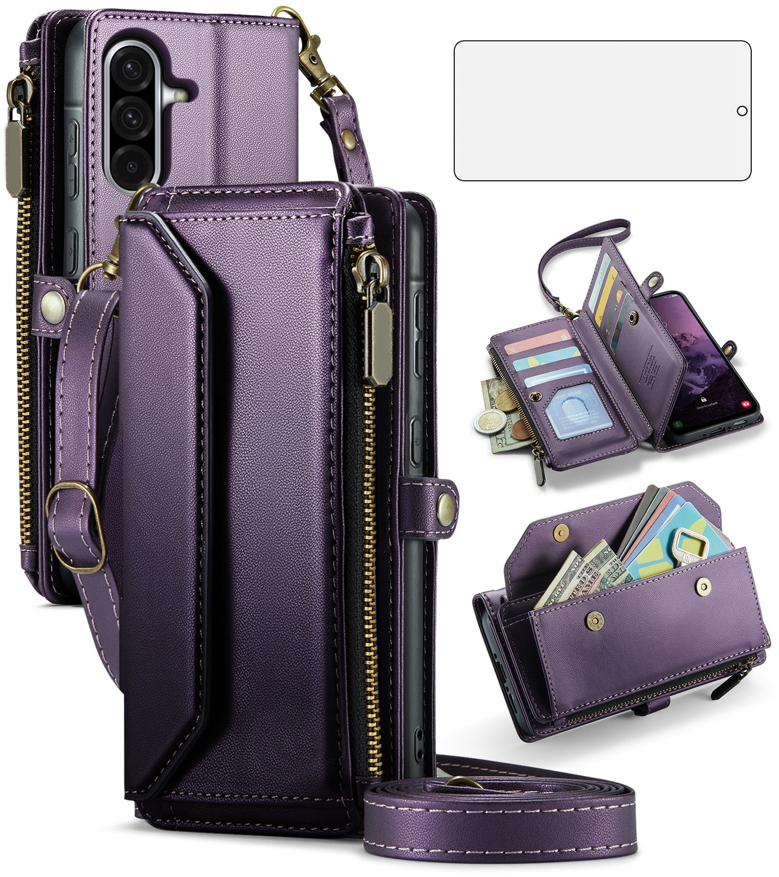 Asuwish Compatible with Samsung Galaxy A56 5G Zipper Wallet Phone Case Tempered Glass Screen Protector Crossbody Lanyard Strap Flip Card Holder Slot Cell Cover for A 56 56A LTE Women Girls Purple