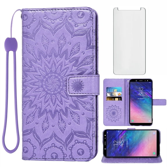 Asuwish Compatible with Samsung Galaxy A6 Wallet Phone Case and Tempered Glass Screen Protector Flip Credit Card Holder Stand Mandala Flower Cell Cover for A 6 2018 6A A600A A600P Women Men Purple
