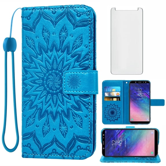 Asuwish Compatible with Samsung Galaxy A6 Wallet Phone Case and Tempered Glass Screen Protector Flip Credit Card Holder Stand Mandala Flower Cell Cover for A 6 2018 6A A600A A600P Women Men Blue