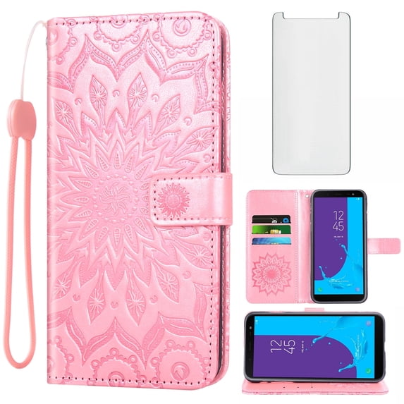 Asuwish Compatible with Samsung Galaxy A6 Wallet Phone Case and Tempered Glass Screen Protector Flip Credit Card Holder Stand Mandala Flower Cell Cover for A 6 2018 6A A600A A600P Women Men Pink