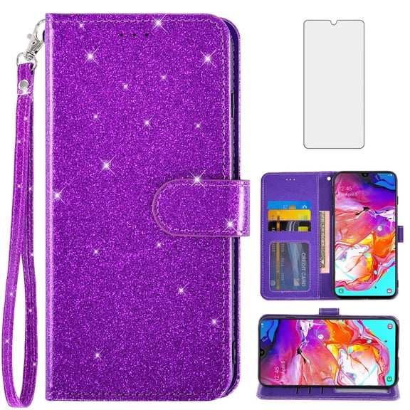 Asuwish Compatible with Samsung Galaxy A70 Wallet Phone Case and Tempered Glass Screen Protector Flip Credit Card Holder Stand Bling Glitter Cell Cover for A70S A 70 70A S70 Women Men Purple
