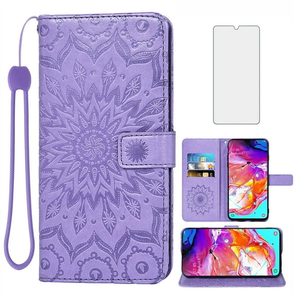 Asuwish Compatible with Samsung Galaxy A70 Wallet Phone Case and Tempered Glass Screen Protector Flip Credit Card Holder Stand Mandala Flower Cell Cover for A70S A 70 70A S70 Women Men Purple