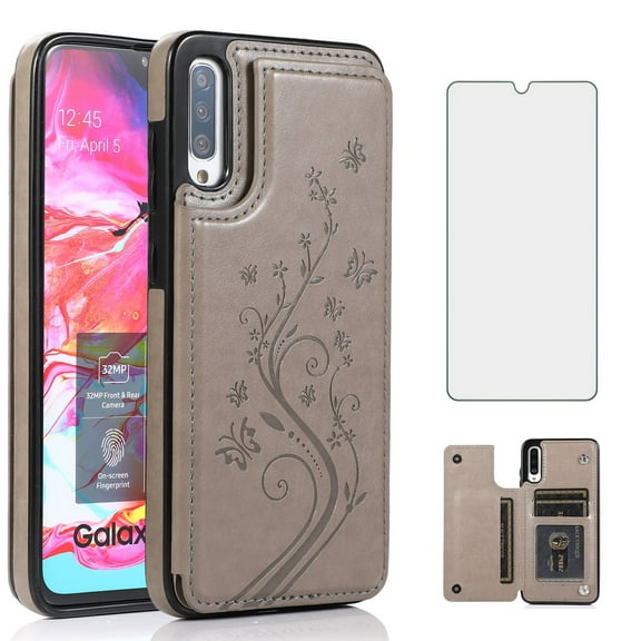 Asuwish Compatible with Samsung Galaxy A70 Wallet Phone Case Tempered Glass Screen Protector and Flower PU Leather Credit Card Holder Stand Slot Mobile Cell Cover for A70S A 70 70A S70 Women Men Blue