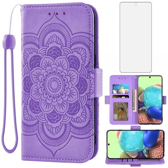 Asuwish Compatible with Samsung Galaxy A71 5G Wallet Phone Case and Tempered Glass Screen Protector Flip Credit Card Holder Stand Mandala Flower Cell Cover for A 71 G5 71A S71 Women Men Purple