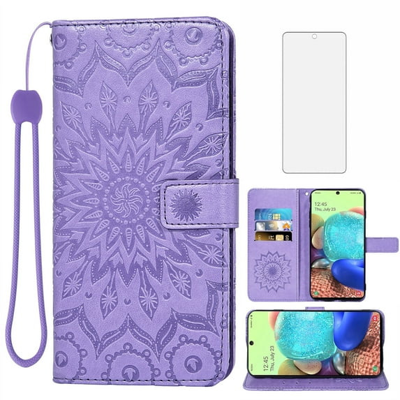 Asuwish Compatible with Samsung Galaxy A71 5G Wallet Phone Case and Tempered Glass Screen Protector Flip Credit Card Holder Stand Mandala Flower Cell Cover for A 71 G5 71A S71 Women Men Purple