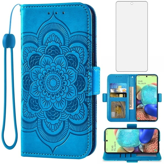 Asuwish Compatible with Samsung Galaxy A71 5G Wallet Phone Case and Tempered Glass Screen Protector Flip Credit Card Holder Stand Mandala Flower Cell Cover for A 71 G5 71A S71 Women Men Blue