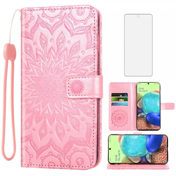 Asuwish Compatible with Samsung Galaxy A71 5G Wallet Phone Case and Tempered Glass Screen Protector Flip Credit Card Holder Stand Mandala Flower Cell Cover for A 71 G5 71A S71 Women Men Pink