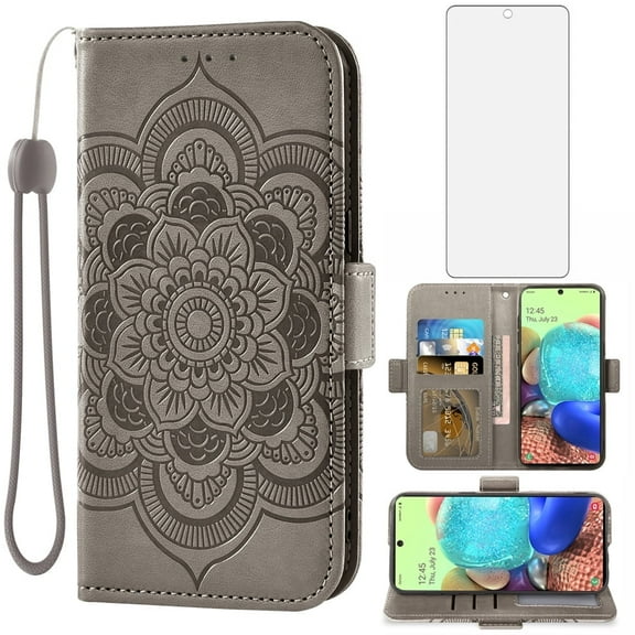 Asuwish Compatible with Samsung Galaxy A71 5G Wallet Phone Case and Tempered Glass Screen Protector Flip Credit Card Holder Stand Mandala Flower Cell Cover for A 71 G5 71A S71 Women Men Gray