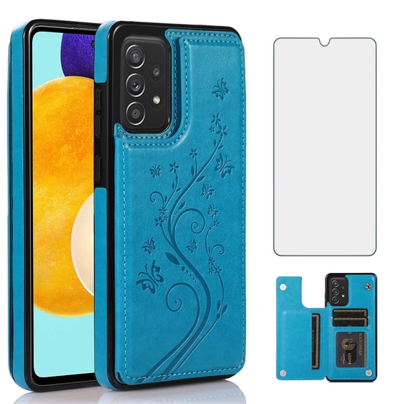 Asuwish Compatible with Samsung Galaxy A73 5G Wallet Phone Case Tempered Glass Screen Protector and Flower PU Leather Credit Card Holder Stand Rugged Accessories Cell Cover for A 73 Women Men Blue