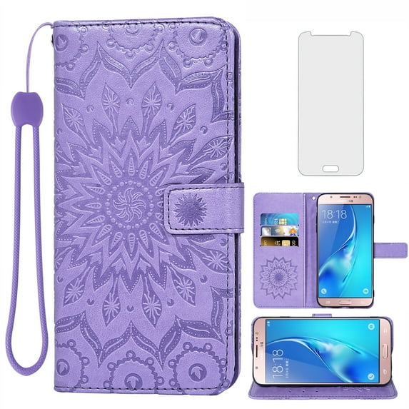 Asuwish Compatible with Samsung Galaxy J5 2016 Wallet Phone Case and Tempered Glass Screen Protector Flip Credit Card Holder Stand Mandala Flower Cell Cover for J5 Duos 6 SM-J510MN Women Men Purple