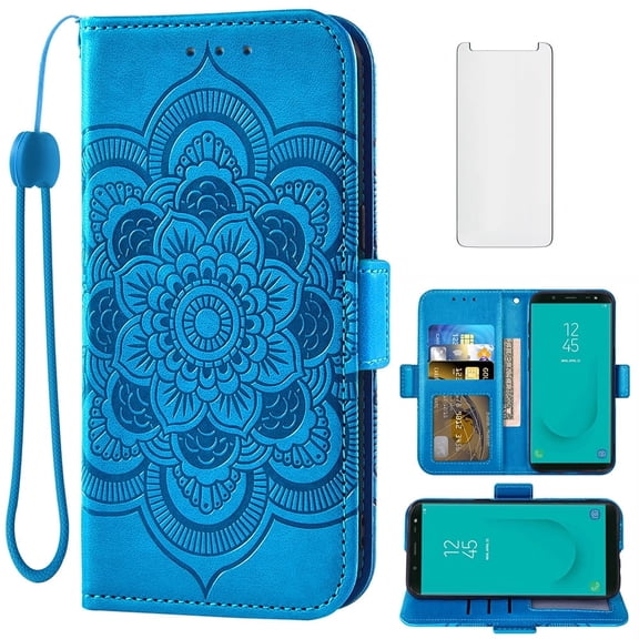 Asuwish Compatible with Samsung Galaxy J6 2018 Wallet Phone Case and Tempered Glass Screen Protector Flip Credit Card Holder Stand Mandala Flower Cell Cover for On6 SM J600 J600G J600F Women Blue