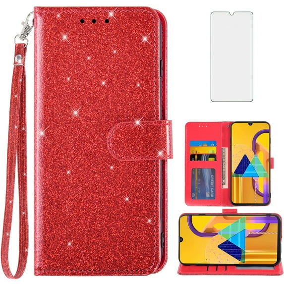 Asuwish Compatible with Samsung Galaxy M30s M21 Wallet Phone Case and Tempered Glass Screen Protector Flip Credit Card Holder Stand Bling Glitter Cell Cover for M 30s 21M Women Men Red