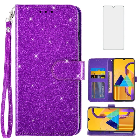 Asuwish Compatible with Samsung Galaxy M30s M21 Wallet Phone Case and Tempered Glass Screen Protector Flip Credit Card Holder Stand Bling Glitter Cell Cover for M 30s 21M Women Men Purple