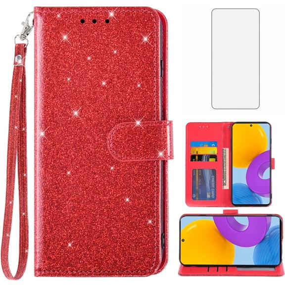 Asuwish Compatible with Samsung Galaxy M52 5G Wallet Phone Case and Tempered Glass Screen Protector Flip Credit Card Holder Stand Bling Glitter Cell Cover for 52M G5 Women Red
