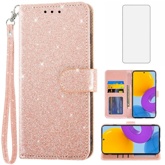 Asuwish Compatible with Samsung Galaxy M52 5G Wallet Phone Case and Tempered Glass Screen Protector Flip Credit Card Holder Stand Bling Glitter Cell Cover for 52M G5 Women Pink