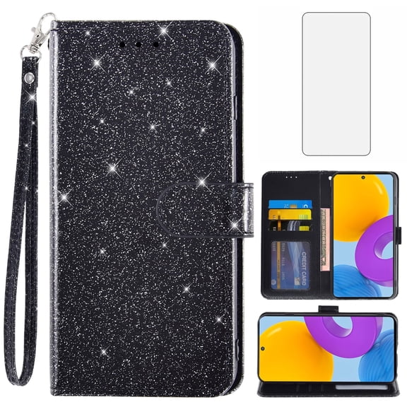 Asuwish Compatible with Samsung Galaxy M52 5G Wallet Phone Case and Tempered Glass Screen Protector Flip Credit Card Holder Stand Bling Glitter Cell Cover for 52M G5 Women Black