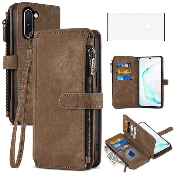Asuwish Kickstand Hard Shell Wallet Cell Phone Case with Tempered Glass Screen Protector for Samsung Galaxy Note 10, Brown