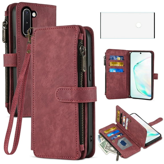Asuwish Compatible with Samsung Galaxy Note 10 5G Wallet Phone Case and Tempered Glass Screen Protector Faux Leather Flip Credit Card Holder Zipper Cell Cover for Note10 Notes 10s Ten Not S10 Red