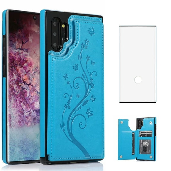 Asuwish Compatible with Samsung Galaxy Note 10 5G Wallet Phone Case Tempered Glass Screen Protector and Flower PU Leather Credit Card Holder Stand Cell Cover for Note10 Notes 10s Ten Not S10 Men Blue