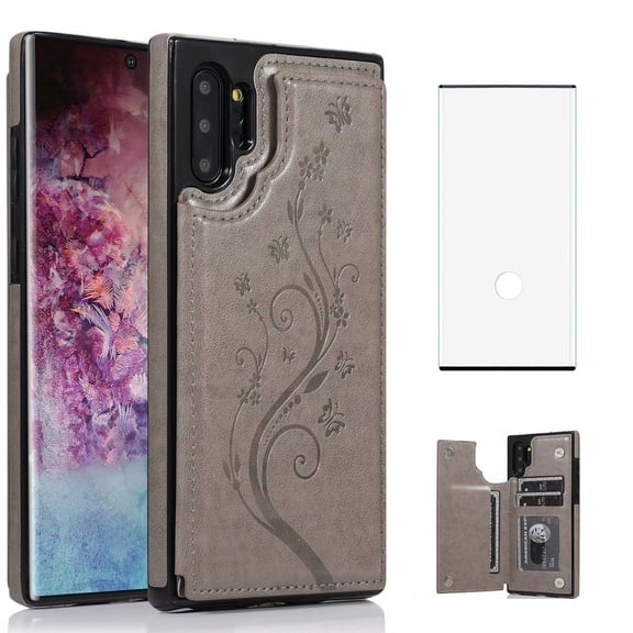 Asuwish Compatible with Samsung Galaxy Note 10 5G Wallet Phone Case Tempered Glass Screen Protector and Flower PU Leather Credit Card Holder Stand Cell Cover for Note10 Notes 10s Ten Not S10 Men Grey