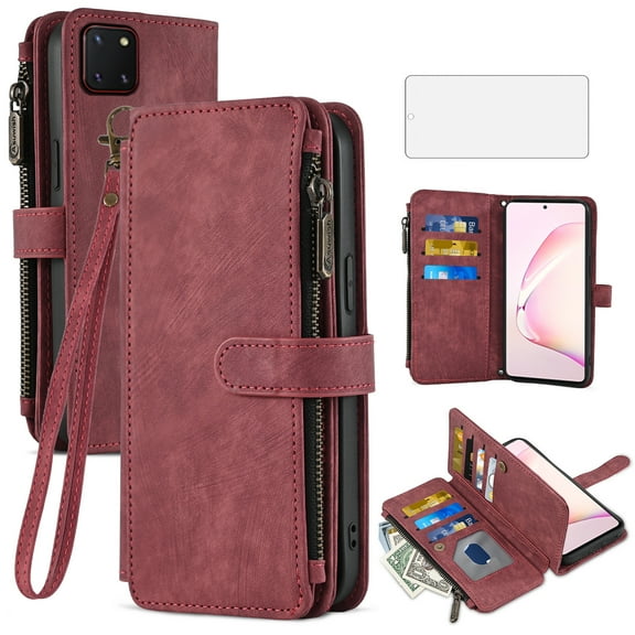 Asuwish Compatible with Samsung Galaxy Note 10 Lite Wallet Phone Case and Tempered Glass Screen Protector Faux Leather Flip Credit Card Holder Stand Zipper Cell Cover for A81 M60S N770F Women Red