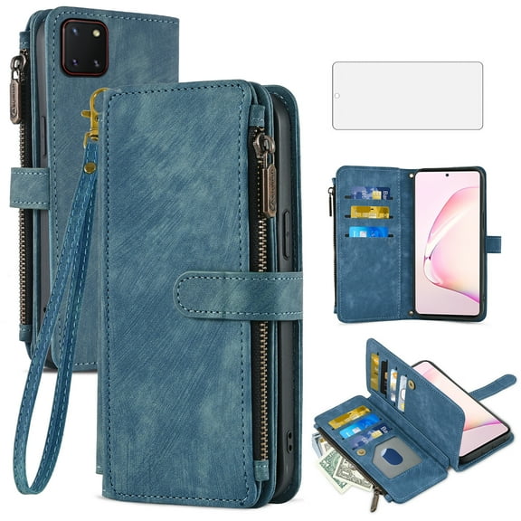 Asuwish Compatible with Samsung Galaxy Note 10 Lite Wallet Phone Case and Tempered Glass Screen Protector Faux Leather Flip Credit Card Holder Stand Zipper Cell Cover for A81 M60S N770F Women Blue