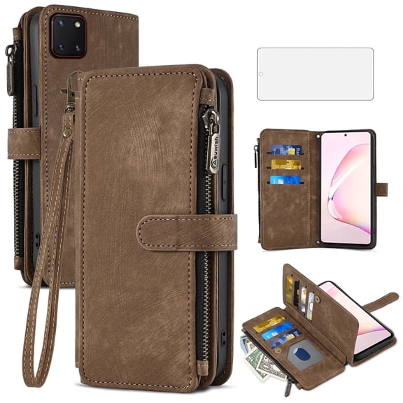 Asuwish Kickstand Hard Shell Wallet Cell Phone Case with Tempered Glass Screen Protector for Samsung Galaxy Note 10 Lite/A81/M60S, Brown