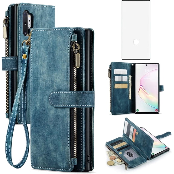 Asuwish Kickstand Hard Shell Wallet Cell Phone Case with Tempered Glass Screen Protector for Samsung Galaxy Note 10 Plus, Blue