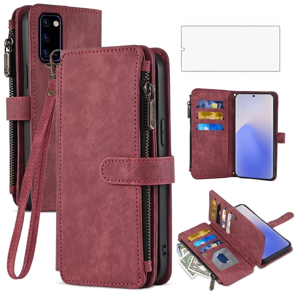 Asuwish Kickstand Hard Shell Wallet Cell Phone Case with Tempered Glass Screen Protector for Samsung Galaxy Note 20, Red