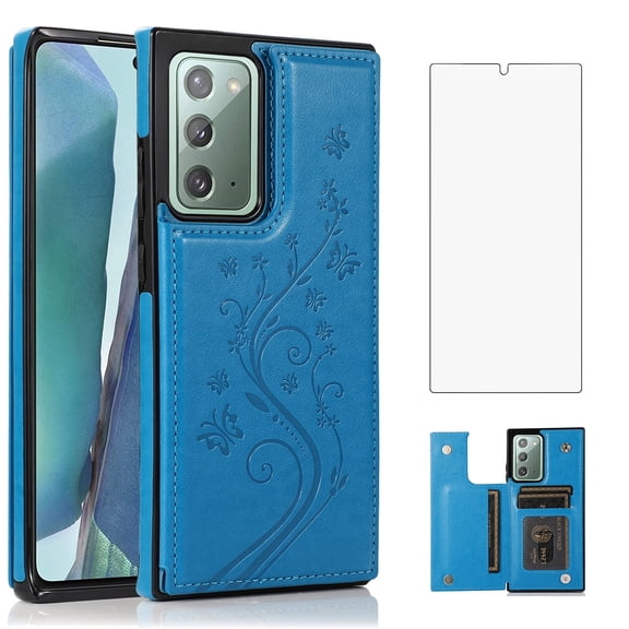 Asuwish Compatible with Samsung Galaxy Note 20 5G Wallet Phone Case Tempered Glass Screen Protector and Flower PU Leather Credit Card Holder Stand Cell Cover for Note20 Notes 20s Twenty Not S20 Blue