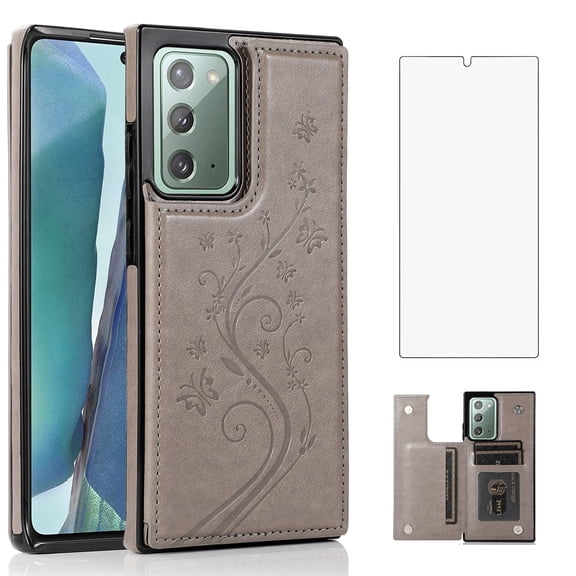 Asuwish Compatible with Samsung Galaxy Note 20 5G Wallet Phone Case Tempered Glass Screen Protector and Flower PU Leather Credit Card Holder Stand Cell Cover for Note20 Notes 20s Twenty Not S20 Grey