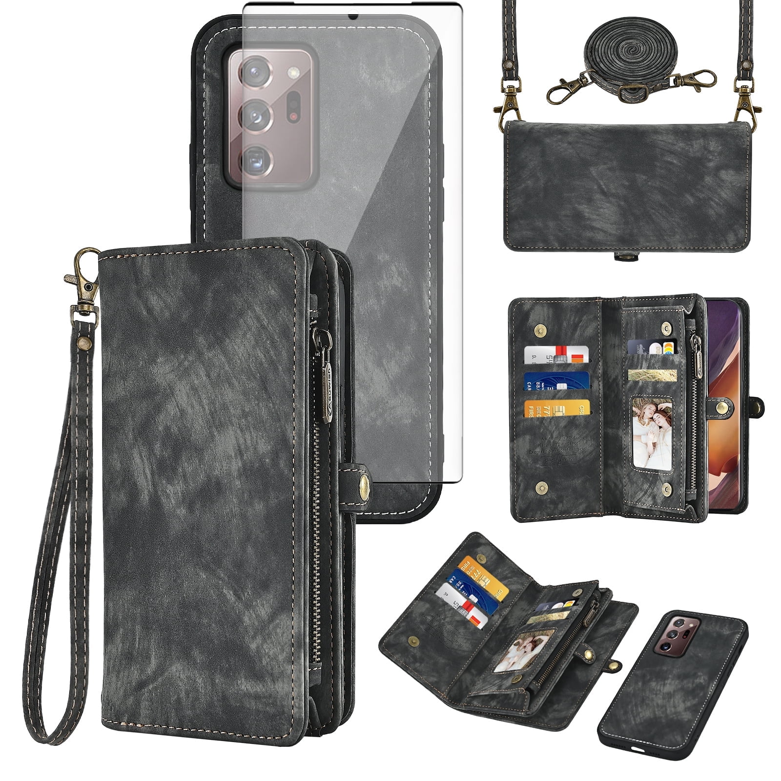 Asuwish Compatible with Samsung Galaxy Note 20 Ultra 5G Phone Case Zipper Wallet Screen Protector Strap Flip Card Holder Cell Cover for Note20 Plus Notes 20Ultra Note20+ U + 20+ Twenty Not S20 Black