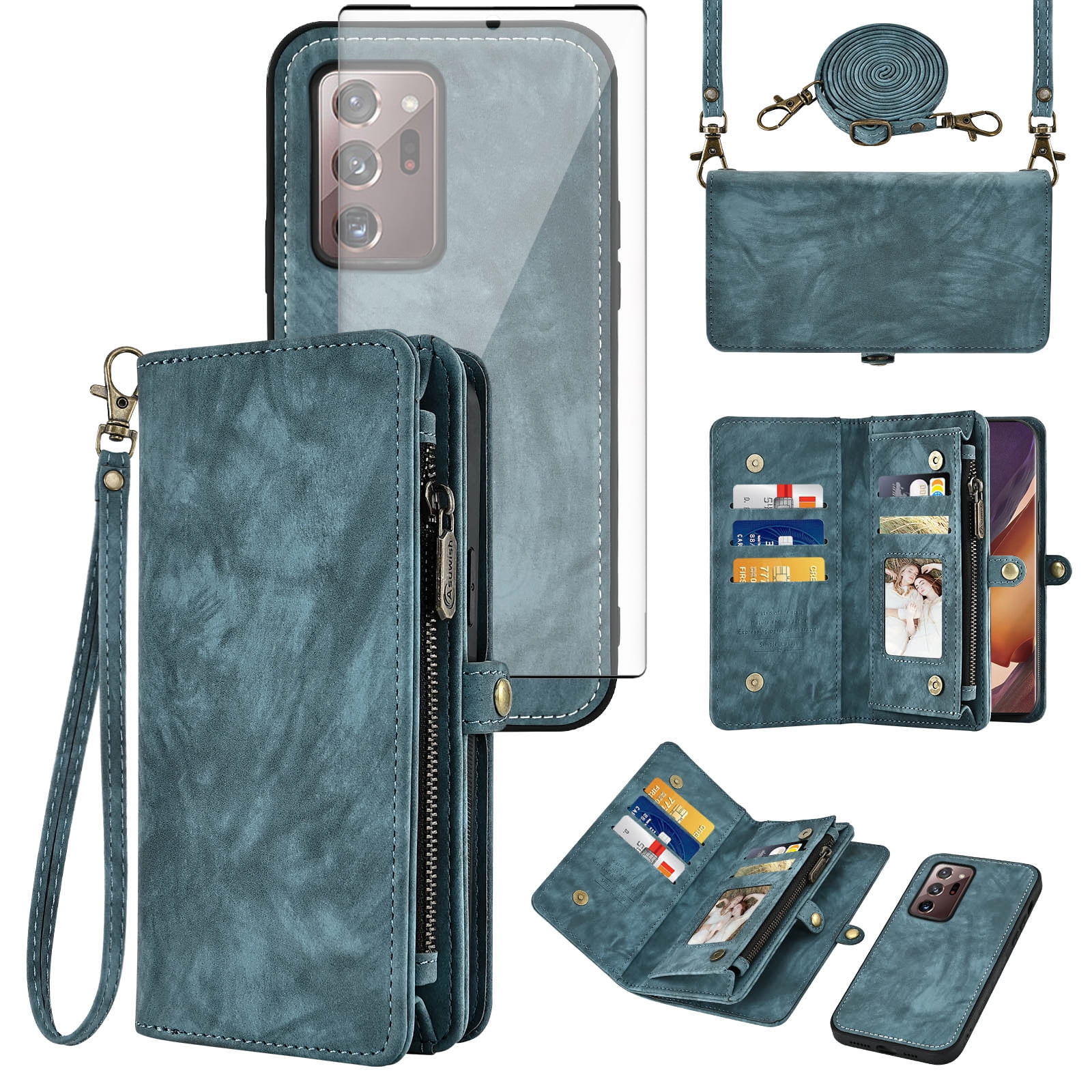 Asuwish Compatible with Samsung Galaxy Note 20 Ultra 5G Phone Case Zipper Wallet Screen Protector Strap Flip Card Holder Cell Cover for Note20 Plus Notes 20Ultra Note20+ U + 20+ Twenty Not S20 Blue