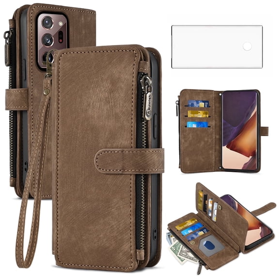 Asuwish Kickstand Hard Shell Wallet Cell Phone Case with Tempered Glass Screen Protector for Samsung Galaxy Note 20 Ultra, Brown