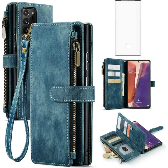 Asuwish Compatible with Samsung Galaxy Note 20 Ultra 5G Wallet Phone Case and Screen Protector Flip Card Holder Zipper Cell Cover for Note20 Plus Notes 20Ultra Note20+ U + 20+ Twenty Not S20 Blue