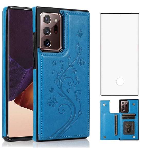 Asuwish Compatible with Samsung Galaxy Note 20 Ultra 5G Wallet Phone Case Screen Protector and Flower Card Holder Stand Cell Cover for Note20 Plus Notes 20Ultra Note20+ U + 20+ Twenty Not S20 Blue