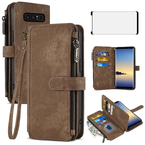 Asuwish Kickstand Hard Shell Wallet Cell Phone Case with Tempered Glass Screen Protector for Samsung Galaxy Note 8, Brown