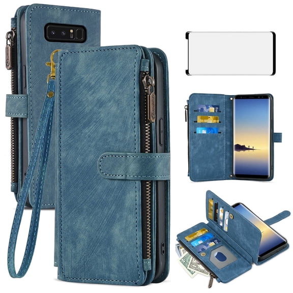 Asuwish Kickstand Hard Shell Wallet Cell Phone Case with Tempered Glass Screen Protector for Samsung Galaxy Note 8, Blue