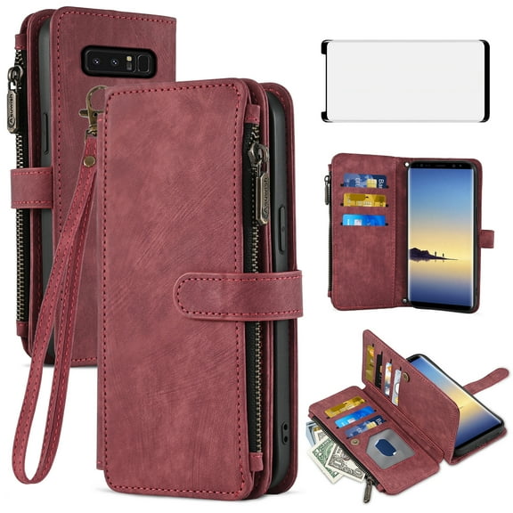 Asuwish Compatible with Samsung Galaxy Note 8 Wallet Phone Case and Tempered Glass Screen Protector Faux Leather Flip Credit Card Holder Stand Zipper Slot Cell Cover for Note8 Not S8 Gaxaly Women Red