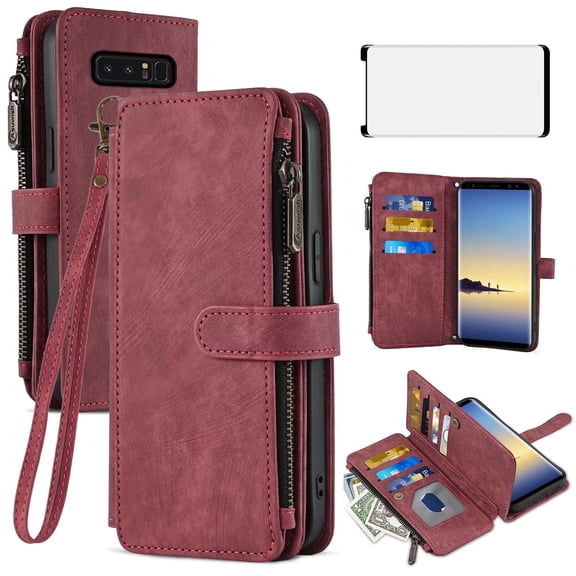 Asuwish Kickstand Hard Shell Wallet Cell Phone Case with Tempered Glass Screen Protector for Samsung Galaxy Note 8, Red