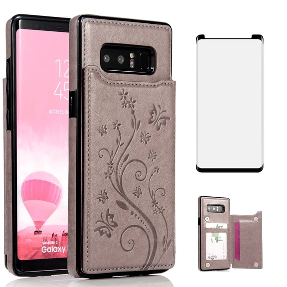 Asuwish Compatible with Samsung Galaxy Note 8 Wallet Phone Case Tempered Glass Screen Protector and Flower PU Leather Credit Card Holder Stand Slot Cell Cover for Note8 Not S8 Gaxaly Women Men Grey