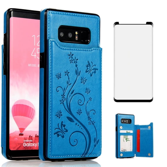 Asuwish Compatible with Samsung Galaxy Note 8 Wallet Phone Case Tempered Glass Screen Protector and Flower PU Leather Credit Card Holder Stand Slot Cell Cover for Note8 Not S8 Gaxaly Women Men Blue