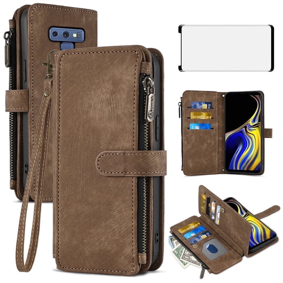 Asuwish Kickstand Hard Shell Wallet Cell Phone Case with Tempered Glass Screen Protector for Samsung Galaxy Note 9, Brown
