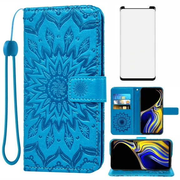 Asuwish Compatible with Samsung Galaxy Note 9 Wallet Phone Case and Tempered Glass Screen Protector Flip Credit Card Holder Stand Mandala Flower Cell Cover for Note9 Not S9 Women Men Blue