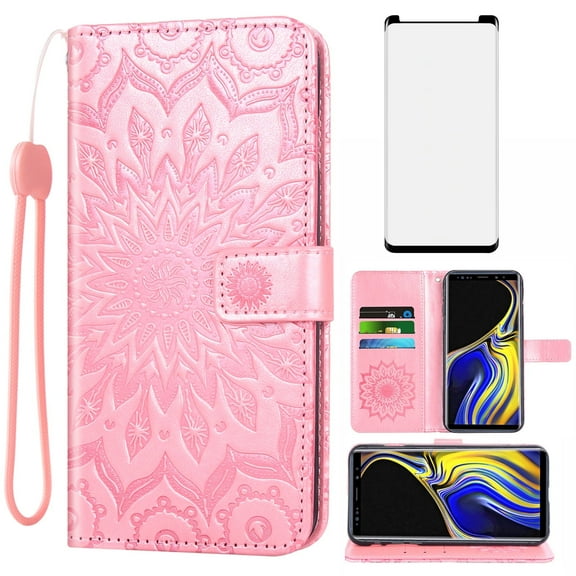 Asuwish Compatible with Samsung Galaxy Note 9 Wallet Phone Case and Tempered Glass Screen Protector Flip Credit Card Holder Stand Mandala Flower Cell Cover for Note9 Not S9 Women Men Pink