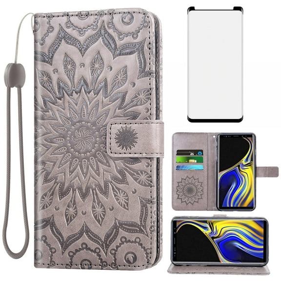 Asuwish Compatible with Samsung Galaxy Note 9 Wallet Phone Case and Tempered Glass Screen Protector Flip Credit Card Holder Stand Mandala Flower Cell Cover for Note9 Not S9 Women Men Gray