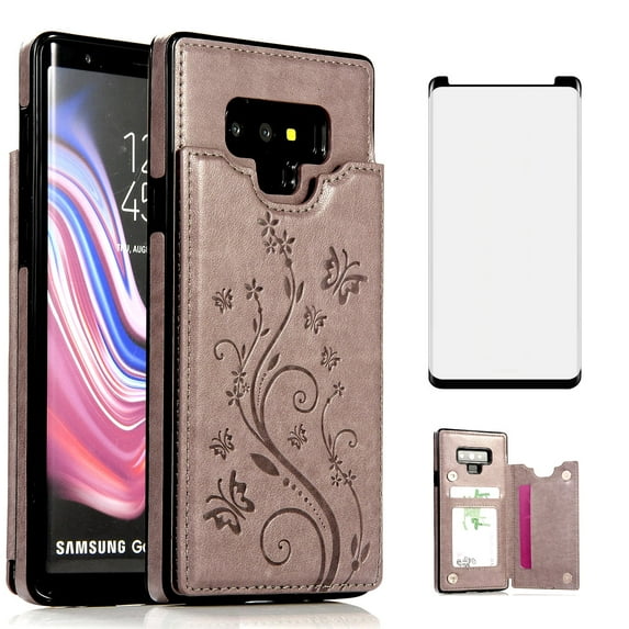 Asuwish Compatible with Samsung Galaxy Note 9 Wallet Phone Case Tempered Glass Screen Protector and Flower PU Leather Credit Card Holder Stand Slot Mobile Cell Cover for Note9 Not S9 Women Men Grey