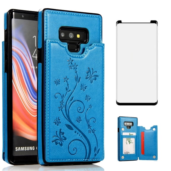 Asuwish Compatible with Samsung Galaxy Note 9 Wallet Phone Case Tempered Glass Screen Protector and Flower PU Leather Credit Card Holder Stand Slot Mobile Cell Cover for Note9 Not S9 Women Men Blue
