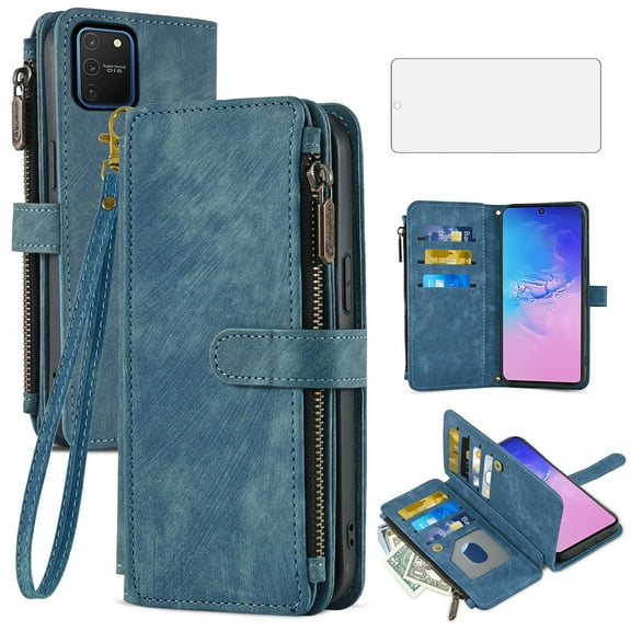Asuwish Compatible with Samsung Galaxy S10 Lite Wallet Phone Case and Tempered Glass Screen Protector Faux Leather Flip Credit Card Holder Stand Zipper Cell Cover for S10lite S 10 10s A91 Women Blue