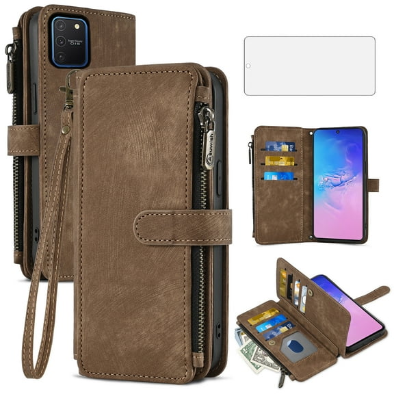 Asuwish Compatible with Samsung Galaxy S10 Lite Wallet Phone Case and Tempered Glass Screen Protector Faux Leather Flip Credit Card Holder Stand Zipper Cell Cover for S10lite S 10 10s A91 Women Brown
